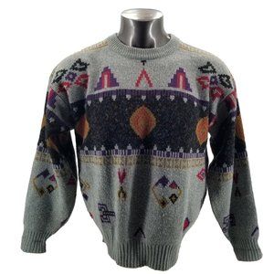 Vintage St Johns Bay Mens Sweater  Wool Blend Knit Fair Isle Aztec Sz L